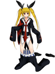 Rule 34 | 1girl, :&lt;, arc system works, blazblue, blonde hair, boxers, cosplay, dokkanohukukaityou, female focus, guilty gear, hair ribbon, highres, long hair, male underwear, oversized clothes, rachel alucard, ribbon, simple background, slayer (cosplay), slayer (guilty gear), slayer (guilty gear) (cosplay), slit pupils, solo, twintails, underwear, very long hair, white background