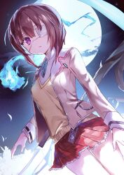 Rule 34 | 1girl, absurdres, bandages, blazer, blue ribbon, breasts, brown hair, cowboy shot, dutch angle, eyepatch, full moon, ghost, heaven burns red, highres, hiiragi kozue, irohatomo, jacket, long sleeves, looking at viewer, miniskirt, moon, neck ribbon, open clothes, open jacket, parted lips, pleated skirt, purple eyes, red skirt, ribbon, school uniform, shirt, short hair, skirt, small breasts, solo, sweater, thighs, weapon, white shirt, yellow jacket, yellow sweater