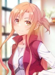 Rule 34 | 1girl, armor, asuna (sao), asymmetrical bangs, blurry, blurry background, braid, breastplate, brown eyes, brown hair, closed mouth, collarbone, collared vest, high collar, indoors, long sleeves, looking at viewer, red vest, rei k 79, shirt, short ponytail, sidelocks, smile, solo, sword art online, sword art online progressive, upper body, vest, white shirt, window