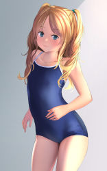 Rule 34 | 1girl, blonde hair, blue eyes, blue one-piece swimsuit, breasts, competition school swimsuit, eyebrows, grey background, highres, long hair, looking at viewer, one-piece swimsuit, original, school swimsuit, simple background, small breasts, smile, solo, swimsuit, thighs, two side up, yubata