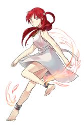 Rule 34 | 1girl, ankle cuffs, anklet, bad anatomy, bad feet, bad id, bad pixiv id, bare legs, barefoot, dress, feet, fire, jewelry, magi the labyrinth of magic, morgiana, necklace, poorly drawn, red eyes, red hair, solo, white dress