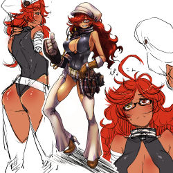 Rule 34 | 1girl, amputee, ass, bakuya, boots, breasts, cabbie hat, chaps, character request, cleavage, cleavage cutout, clothing cutout, collage, curly hair, dark skin, frown, glasses, gloves, grin, hair over one eye, hat, heterochromia, high heel boots, high heels, highres, large breasts, leotard, long hair, looking at viewer, mechanical arms, multiple views, prosthesis, red eyes, red hair, semi-rimless eyewear, sharp teeth, sideboob, simple background, single mechanical arm, smile, sweatdrop, teeth, thong leotard, thumbs up, under-rim eyewear, upper body, white background, yellow eyes