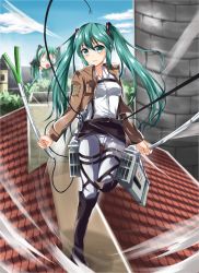 Rule 34 | 1girl, absurdres, bad id, bad pixiv id, belt, boots, crossover, detached sleeves, giant, giantess, green eyes, green hair, hatsune miku, highres, jacket, knee boots, long hair, matching hair/eyes, open mouth, parody, rooftop, shingeki no kyojin, solo, spring onion, tailam, thigh strap, three-dimensional maneuver gear, twintails, vocaloid