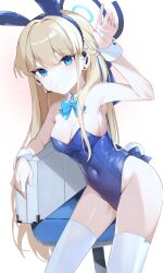 Rule 34 | 1girl, animal ears, ao (mintz), arm support, arm up, armpits, bare shoulders, blonde hair, blue archive, blue bow, blue bowtie, blue eyes, blue hair, blue leotard, bow, bowtie, braid, breasts, cleavage, closed mouth, commentary, covered navel, cowboy shot, detached collar, fake animal ears, fake tail, halo, headset, highleg, highleg leotard, highres, leotard, long hair, medium breasts, microphone, multicolored hair, official alternate costume, playboy bunny, rabbit ears, rabbit tail, solo, strapless, strapless leotard, streaked hair, tail, thighhighs, toki (blue archive), toki (bunny) (blue archive), very long hair, white thighhighs, wrist cuffs