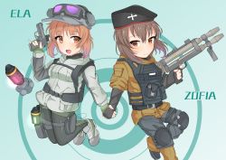 Rule 34 | 2girls, :d, absurdres, ankle boots, beret, black gloves, black hat, black legwear, black pants, blush, body armor, boots, brown eyes, brown hair, brown jacket, character name, closed mouth, commentary request, ela (rainbow six siege), emblem, fingerless gloves, girls und panzer, gloves, goggles, goggles on headwear, green background, green gloves, grey footwear, grey hat, grey jacket, grey shorts, gun, handgun, harness, hat, headphones, highres, holding, holding gun, holding hands, holding weapon, holster, hood, hoodie, jacket, jumping, knee pads, kshimu, light blush, long sleeves, looking at viewer, military hat, multiple girls, nishizumi maho, nishizumi miho, open mouth, pants, pantyhose, pantyhose under shorts, partial commentary, pinky out, rainbow six siege, short hair, short shorts, shorts, siblings, sisters, smile, standing, target, thigh holster, trigger discipline, weapon, weapon request, zofia (rainbow six siege)