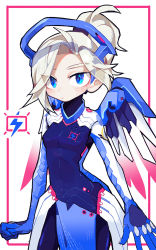Rule 34 | 1girl, alternate color, armor, blue eyes, blush, bodysuit, breasts, commentary, esports, english commentary, faulds, grey hair, hair over one eye, halo, high ponytail, highres, mechanical halo, mechanical wings, mercy (overwatch), new york excelsior, overwatch, overwatch 1, pelvic curtain, rye-beer, small breasts, solo, spread wings, wings