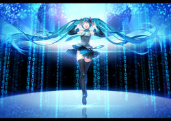 Rule 34 | 1girl, aqua hair, arkray, bad id, bad pixiv id, binary, boots, detached sleeves, closed eyes, floating hair, hatsune miku, letterboxed, long hair, md5 mismatch, necktie, open mouth, skirt, solo, thigh boots, thighhighs, twintails, very long hair, vocaloid
