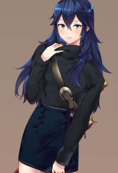 Rule 34 | 1girl, adjusting clothes, alternate costume, ameno (a meno0), bad id, bad twitter id, belt, belt buckle, black sweater, blue eyes, blue hair, blue skirt, blush, brown background, buckle, casual, falchion (fire emblem), fire emblem, fire emblem awakening, hair between eyes, long hair, looking at viewer, lucina (fire emblem), miniskirt, nintendo, parted lips, ribbed sweater, simple background, skirt, solo, sweater, sword, symbol-shaped pupils, teeth, turtleneck, turtleneck sweater, weapon