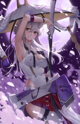 Rule 34 | 1girl, arm up, armband, armor, armpits, blush, breasts, brown eyes, cherry blossoms, cleavage, commentary, cowboy shot, full moon, glint, goddess of victory: nikke, grey hair, hair between eyes, hat, hat tassel, highres, hip vent, jingasa, leotard, long hair, looking at viewer, medium breasts, miniskirt, moon, parted lips, petals, pleated skirt, red skirt, scabbard, scarlet (nikke), sheath, sideboob, skirt, smile, solo, standing, sword, thighhighs, unsheathing, weapon, white leotard, white thighhighs, wind, wristband, yorugami rei