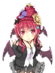 Rule 34 | 1girl, alternate costume, alternate hairstyle, bat wings, blush, butterfly hair ornament, embodiment of scarlet devil, female focus, flower, from above, hair flower, hair ornament, head wings, koakuma, long hair, long sleeves, minamura haruki, nail polish, red eyes, red hair, see-through, simple background, sketch, skirt, smile, solo, sparkle, touhou, wings
