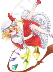 Rule 34 | 1girl, blurry, bobby socks, crystal, depth of field, feet out of frame, flandre scarlet, foreshortening, hair between eyes, hat, highres, hzmsan, legs up, mob cap, one side up, perspective, red footwear, red skirt, red vest, short hair, simple background, skirt, skirt set, smile, socks, solo, touhou, vest, white background, wings