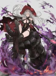 Rule 34 | 10s, 1girl, absurdres, bare shoulders, between breasts, black dress, black hat, black thighhighs, breasts, collarbone, detached sleeves, dress, fire, granblue fantasy, grin, hair between eyes, halterneck, hat, highres, large breasts, long hair, long sleeves, looking at viewer, magisa (granblue fantasy), morax (granblue fantasy), n9+, no panties, over-kneehighs, pink eyes, side slit, silver hair, sitting, smile, solo, staff, striped clothes, striped dress, thighhighs, vertical-striped clothes, vertical-striped dress, witch, witch hat