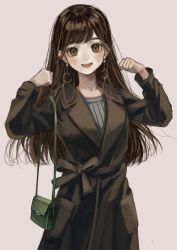 Rule 34 | 1girl, absurdres, arms up, bag, blouse, blush, brown eyes, brown hair, clenched hands, earrings, grey background, grey shirt, handbag, highres, jacket, jewelry, long sleeves, looking at viewer, open mouth, original, sayoko (sayosny2), shirt, simple background, solo, swept bangs, tagme, teeth, upper teeth only
