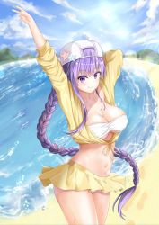 Rule 34 | 1girl, arms up, asymmetrical hair, backwards hat, bare shoulders, baseball cap, bb (fate), bb (fate) (all), bb (swimsuit mooncancer) (fate), bb (swimsuit mooncancer) (first ascension) (fate), beach, bikini, bikini top only, blush, braid, breasts, cleavage, day, fate/grand order, fate (series), hat, hei kuang jun, highres, jacket, large breasts, licking lips, long hair, long sleeves, looking at viewer, purple eyes, purple hair, single braid, skirt, smile, swimsuit, thighs, tongue, tongue out, very long hair, white bikini, white headwear, yellow jacket, yellow skirt