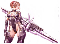 Rule 34 | 1girl, armor, bare shoulders, blue eyes, bow, breasts, breasts apart, brown hair, character name, cleavage, cleavage cutout, clothing cutout, contrapposto, cowboy shot, elbow gloves, facial mark, finger on trigger, garter straps, gloves, groin, gun, hair bow, hair ribbon, half-closed eyes, hand on own thigh, high ponytail, highleg, highleg leotard, highres, hip focus, holding, holding gun, holding weapon, huge weapon, lazy (yamashita shun&#039;ya), leotard, looking to the side, original, parted bangs, parted lips, ponytail, red bow, red ribbon, ribbon, scan, short hair, short ponytail, skindentation, solo, standing, star (symbol), star facial mark, thighhighs, turtleneck, weapon, yamashita shun&#039;ya
