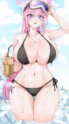 Rule 34 | 1girl, bikini, black bikini, blue archive, blush, breasts, commentary, cup, curvy, disposable cup, drink, drinking straw, eimi (blue archive), eimi (swimsuit) (blue archive), eyewear on head, freedom (aass5404), glacier, goggles, goggles on head, halo, highres, holding, holding cup, holding drink, huge breasts, ice, long hair, looking at viewer, navel, official alternate costume, open mouth, outdoors, pink eyes, pink hair, pink halo, ponytail, side-tie bikini bottom, skindentation, sky, solo, standing, steam, steaming body, stomach, string bikini, swimsuit, thick thighs, thighs, very long hair, wading, water, wet, wide hips