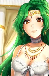 Rule 34 | 1girl, adricarra, blurry, blurry background, bow, bra, breasts, choker, circlet, curtains, earrings, elincia ridell crimea, fire emblem, fire emblem: path of radiance, frilled choker, frills, green hair, headdress, highres, indoors, jewelry, lace, lace-trimmed bra, lace trim, lingerie, long hair, looking at viewer, medium breasts, necklace, nintendo, smile, solo, underwear, upper body, white bow, white bra, white choker