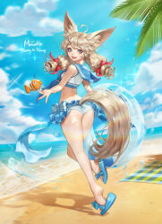 Rule 34 | 1girl, absurdres, ahoge, animal ear fluff, animal ears, artist name, ass, beach, bikini, blade &amp; soul, blue eyes, bow, breasts, brown hair, cat ears, commentary, day, flower, hair bow, highres, innertube, light brown hair, long hair, looking back, low twintails, lyn (blade &amp; soul), ocean, sailor collar, sandals, small breasts, smile, solo, star-shaped pupils, star (symbol), swim ring, swimsuit, symbol-shaped pupils, tankini, twintails, wonst92