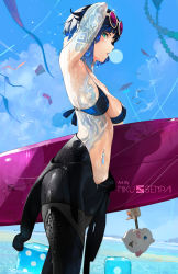 Rule 34 | 1girl, armpits, bare shoulders, black hair, blue hair, bob cut, bodysuit, breast tattoo, breasts, blowing bubbles, chewing gum, cleavage, diagonal bangs, diving suit, genshin impact, green eyes, highres, large breasts, looking at viewer, mole, mole on breast, multicolored hair, nikusenpai, short hair, shoulder tattoo, solo, stomach tattoo, surfboard, surfing, tattoo, thighs, water, wet, wet clothes, wetsuit, yelan (genshin impact)