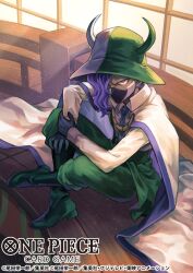 Rule 34 | 1boy, boots, cape, commentary request, copyright name, gloves, green hat, green pants, hair over one eye, hat, highres, horns, koushi rokushiro, long sleeves, looking up, male focus, mask, mouth mask, official art, one piece, one piece card game, page one (one piece), pants, purple hair, sitting, solo, two-tone hat, white hat