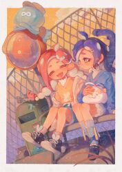 Rule 34 | 2girls, bench, black footwear, blue hair, chain-link fence, fence, full body, highres, jellyfish (splatoon), liang cun rakuna, medium hair, multiple girls, nintendo, octoling, octoling girl, octoling player character, on bench, open mouth, red hair, shirt, sitting, splatoon (series), suction cups, tentacle hair