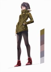 Rule 34 | 1girl, absurdres, black hair, black pants, black pantyhose, full body, hand in pocket, highres, jacket, kumonji aruto, pantyhose under shorts, pants, pantyhose, pantyhose under shorts, red footwear, shoes, short shorts, shorts, simple background, solo, standing