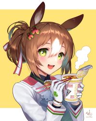 Rule 34 | 1girl, animal ears, artist name, brown hair, chopsticks, commentary request, fine motion (umamusume), folded ponytail, gloves, green eyes, hair between eyes, hair ornament, highres, horse ears, looking at viewer, nissin cup noodle, open mouth, portrait, simple background, solo, umamusume, white gloves, yukimichi (nieko)