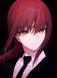 Rule 34 | 1girl, black background, black necktie, black suit, braid, braided ponytail, brown hair, chainsaw man, formal, highres, lapels, light smile, looking at viewer, makima (chainsaw man), necktie, ponytail, portrait, ringed eyes, shirt, sidelocks, simple background, solo, suit, vickyycy99, white shirt, yellow eyes