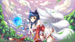Rule 34 | 1girl, absurdres, ahri (league of legends), all fours, animal, animal ears, bare shoulders, black hair, breasts, chin kohane, cleavage, day, detached sleeves, facial mark, forest, fox, fox ears, fox girl, fox tail, grass, heart, highres, huge filesize, korean clothes, large breasts, league of legends, lips, long hair, looking at viewer, multiple tails, nature, outdoors, sky, slit pupils, solo, tail, tree, whisker markings, yellow eyes