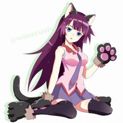 Rule 34 | 1girl, animal ears, animal hands, bakemonogatari, black footwear, black thighhighs, blue eyes, blunt bangs, blunt ends, blush, breasts, cat ears, cat tail, collarbone, eyelashes, fooring, full body, gloves, grey background, hand up, head tilt, highres, impossible clothes, impossible shirt, large breasts, long hair, looking at viewer, monogatari (series), naoetsu high school uniform, necktie, open mouth, paw gloves, paw shoes, pink shirt, pleated skirt, purple hair, purple necktie, purple skirt, school uniform, senjougahara hitagi, shadow, shiny skin, shirt, short sleeves, sitting, skirt, sleeves rolled up, solo, star (symbol), star in eye, symbol in eye, tail, thighhighs, thighs, twitter username, wariza