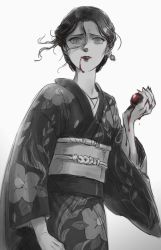 Rule 34 | 1girl, absurdres, beads, blood, blood from mouth, blood splatter, cannibalism, closed mouth, cowboy shot, egyuuu, fingernails, floating hair, floral print, hair between eyes, hair ornament, hair stick, hand up, highres, holding, japanese clothes, kimetsu no yaiba, kimono, looking at viewer, messy hair, nail polish, red lips, sharp fingernails, simple background, sketch, slit pupils, solo, tamayo (kimetsu no yaiba), updo