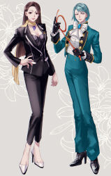 Rule 34 | 2girls, absurdres, ace attorney, alternate costume, ascot, black footwear, black gloves, black pants, blue eyes, blue hair, blue jacket, blue pants, breasts, brown eyes, brown hair, cleavage, closed mouth, earrings, formal, franziska von karma, full body, gem, gloves, grey background, hand on own hip, high heels, highres, jacket, jewelry, long hair, looking at viewer, magatama, medium breasts, mia fey, mole, mole under eye, mole under mouth, multiple girls, necklace, pants, scarf, shirt, shoes, short hair, small breasts, smile, suit, whip, yymmawo vv2
