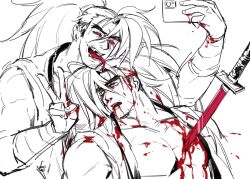 Rule 34 | 2boys, blood, blood on face, cellphone, death, haoumaru, highres, humor, japanese clothes, long hair, monochrome, multiple boys, muscular, open mouth, phone, ponytail, rasetsumaru, red eyes, samurai spirits, selfie, sketch, smartphone, smile, stab, sword, tongue, tongue out, v, weapon