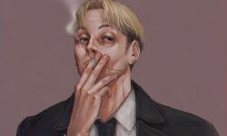 Rule 34 | 1boy, black eyes, black necktie, black suit, blonde hair, chainsaw man, cigarette, earrings, facial hair, formal, half-closed eyes, jewelry, jinnseigame, kishibe (chainsaw man), looking down, necktie, portrait, scar, scar on face, shirt, smoke, smoking, stubble, suit, white shirt