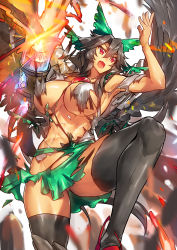 Rule 34 | 1girl, abs, black hair, breasts, highres, large breasts, long hair, melon22, open mouth, red eyes, reiuji utsuho, thighhighs, thighs, toned, torn clothes, touhou, wardrobe malfunction, wings