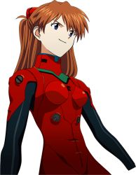 Rule 34 | 1girl, blue eyes, bodysuit, breasts, brown hair, long hair, long sleeves, looking to the side, neon genesis evangelion, official art, plugsuit, red bodysuit, shiny clothes, simple background, solo, souryuu asuka langley, two side up, very long hair, wide hips