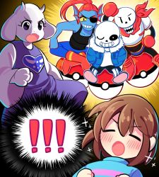 Rule 34 | !, !!, 2boys, 2girls, androgynous, bad id, bad twitter id, blush, chueog, closed eyes, commentary request, creatures (company), crossed legs, fangs, fins, frisk (undertale), furry, game freak, grin, head fins, horns, monster girl, multiple boys, multiple girls, nintendo, one eye closed, open mouth, papyrus (undertale), poke ball, pokemon, riding, sans (undertale), sitting, skeleton, smile, sparkle, tabard, toriel, undertale, undyne