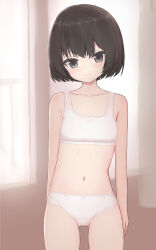 1girl black_eyes black_hair blue_ribbon bob_cut bow bow_panties bra closed_mouth commentary cowboy_shot crotch_seam gluteal_fold highres indoors long_sleeves looking_at_viewer navel original panties ribbon shooko short_hair smile solo standing training_bra underwear underwear_only white_bra white_panties window