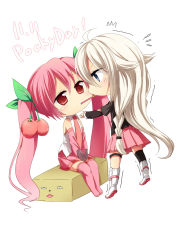 Rule 34 | 2girls, blue eyes, boots, cherry, chibi, dated, detached sleeves, food, fruit, hatsune miku, ia (vocaloid), long hair, multiple girls, n39, necktie, pink footwear, pink hair, pocky, pocky kiss, red eyes, sakura miku, shared food, simple background, single thighhigh, skirt, thigh boots, thighhighs, trembling, twintails, very long hair, vocaloid, white background, white hair, yuri