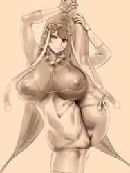 Rule 34 | 1girl, bare shoulders, bead necklace, beads, bikini, blush, breasts, bridal gauntlets, cleavage, closed mouth, covered erect nipples, detached sleeves, fate/grand order, fate (series), hayama kazusa, headpiece, highres, jewelry, large breasts, leg up, long hair, looking at viewer, monochrome, navel, necklace, prayer beads, sepia, simple background, smile, solo, split, standing, standing on one leg, standing split, stretching, swimsuit, thighhighs, thighs, very long hair, xuangzang sanzang (fate)