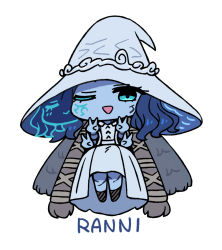 Rule 34 | 1girl, ;d, blue eyes, blue hair, blue skin, chan co, character name, chibi, colored skin, elden ring, hat, long hair, looking at viewer, one eye closed, open mouth, quadruple v, ranni the witch, simple background, smile, solo, v, white background, witch hat