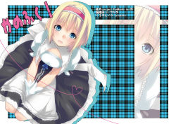 Rule 34 | 1girl, alice margatroid, bad id, bad pixiv id, blonde hair, blue eyes, bow, breasts, capelet, cosplay, covering privates, covering crotch, dress, female focus, gloves, hair bow, hairband, kirisame marisa, kirisame marisa (cosplay), looking at viewer, na-c, open mouth, short hair, solo, touhou, wavy mouth