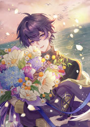 Rule 34 | 1boy, ahoge, bird, black nails, bouquet, crying, crying with eyes open, daisy, falling petals, flower, forget-me-not (flower), highres, holding, holding bouquet, hood, hooded jacket, indie virtual youtuber, jacket, long sleeves, looking at viewer, male focus, nail polish, ocean, open mouth, petals, purple eyes, purple hair, purple jacket, qinze233, ribbed sweater, short hair, shoto (vtuber), sparkle, sunset, sweater, tears, turtleneck, turtleneck sweater, upper body, v-shaped eyebrows, virtual youtuber