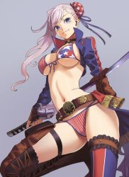 Rule 34 | 1girl, american flag bikini, asymmetrical gloves, asymmetrical hair, asymmetrical legwear, belt, belt buckle, bikini, blue eyes, breasts, buckle, bun cover, cleavage, commentary request, fate/grand order, fate (series), fingerless gloves, flag print, gloves, grey background, gunblade, hair bun, highres, large breasts, long hair, looking at viewer, miyamoto musashi (fate), miyamoto musashi (fate/grand order), miyamoto musashi (swimsuit berserker) (fate), moruga, navel, open mouth, pink hair, shrug (clothing), single hair bun, smile, solo, swept bangs, swimsuit, uneven gloves, uneven legwear, weapon