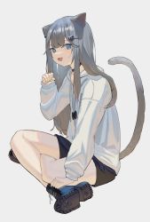 Rule 34 | 1girl, 38 (sanjuuhachi), :d, animal ears, black choker, black footwear, black shorts, blue eyes, cat ears, cat hair ornament, cat tail, choker, commentary, english commentary, eyebrows hidden by hair, fang, grey background, grey hair, hair between eyes, hair ornament, hand up, highres, indian style, indie virtual youtuber, long hair, looking at viewer, nachoneko, open mouth, paw pose, shoes, short shorts, shorts, sidelocks, simple background, sitting, skin fang, smile, sneakers, solo, sweater, tail, thighs, virtual youtuber, white sweater