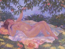 Rule 34 | 1girl, arm up, basket, branch, breasts, brown hair, closed eyes, commentary, completely nude, curly hair, english commentary, food, fruit, full body, grass, highres, judily art, knees up, lying, medium hair, navel, nipples, nude, on ground, original, outdoors, peach, solo, towel, tree