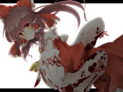 Rule 34 | 1girl, ascot, bad id, bad pixiv id, blood, blood on clothes, blood on face, blood stain, blush, bow, brown hair, detached sleeves, female focus, hair bow, hair tubes, hakurei reimu, japanese clothes, knife, letterboxed, long sleeves, looking at viewer, miko, pasutel, ponytail, red eyes, shirt, simple background, skirt, skirt set, smile, solo, touhou, white background, wide sleeves, yandere