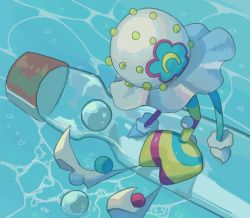 Rule 34 | 73sitimi, afloat, arm support, ball, blacephalon, bottle, commentary request, creatures (company), game freak, gen 7 pokemon, looking down, nintendo, no humans, pokemon, pokemon (creature), ramune, sitting, solo, ultra beast, water