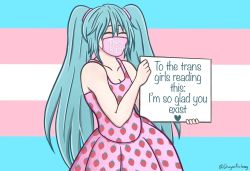 Rule 34 | 00s, 1girl, aqua hair, artist name, asymmetrical bangs, breasts, cleavage, closed eyes, commentary, dragonalchemy, dress, english text, flag background, food print, hair between eyes, hatsune miku, heart, highres, holding, holding sign, long hair, mask, medium breasts, mouth mask, multicolored background, pink dress, placard, print dress, sign, sleeveless, sleeveless dress, solo, standing, strawberry print, trans rights, transgender flag, twintails, twitter username, very long hair, vocaloid