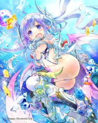 Rule 34 | 1girl, absurdres, ahoge, air bubble, anatamouta, blue eyes, blue hair, blush, boots, breasts, fish, gauntlets, highres, long hair, matching hair/eyes, midriff, navel, open mouth, pointy ears, solo, thigh boots, thighhighs, thousand emperors, underboob, underwater, watermark, wings